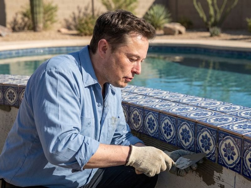 Professional pool tile installation in progress